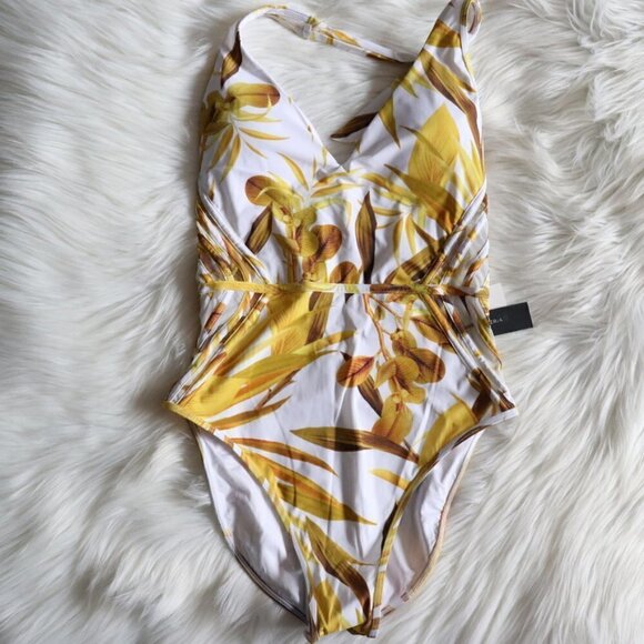 NWT BCBGMaxazria Yellow White Tropical Print One Piece Bathing Suit - Picture 3 of 10